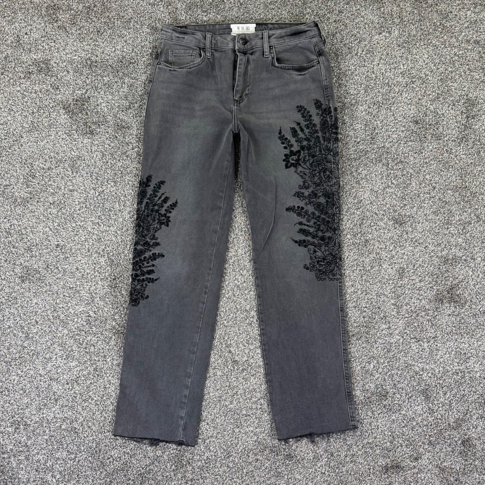 We The Free People Grey Floral Embroidered Straight Leg Jeans Womens 27 Raw Hem